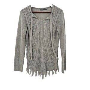 Prana Shelby Poncho Gray Cable Knit Wool Blend Sweater Tassels SMALL